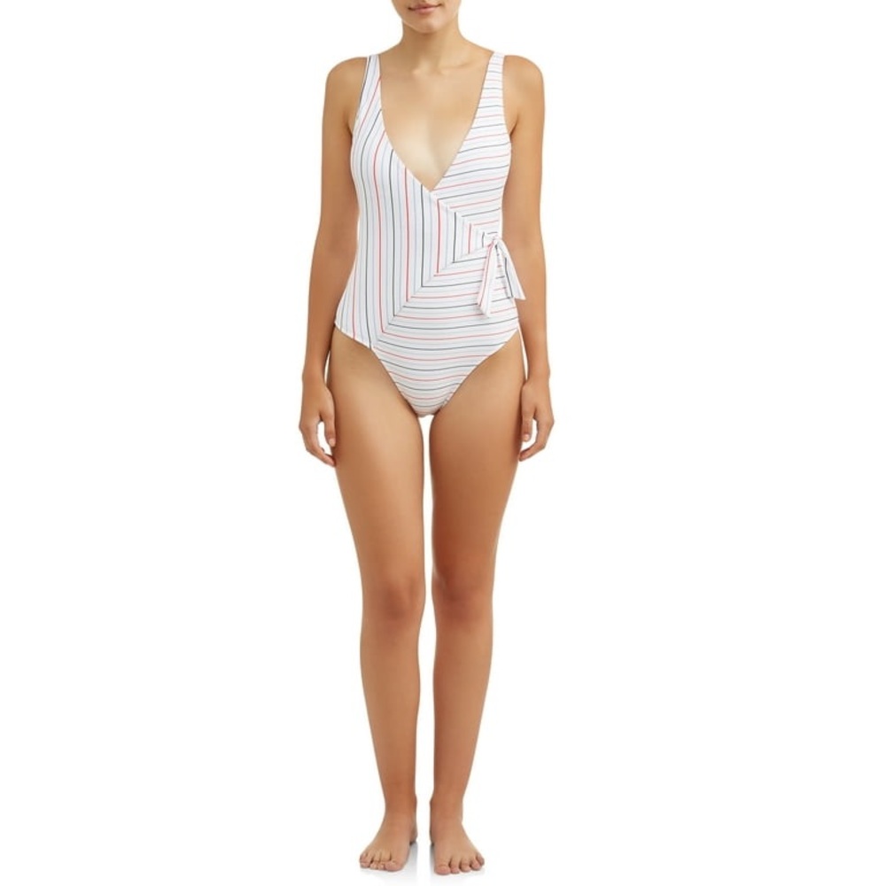 No Boundaries Juniors' Campaign Stripe Wrap One Piece Swimsuit